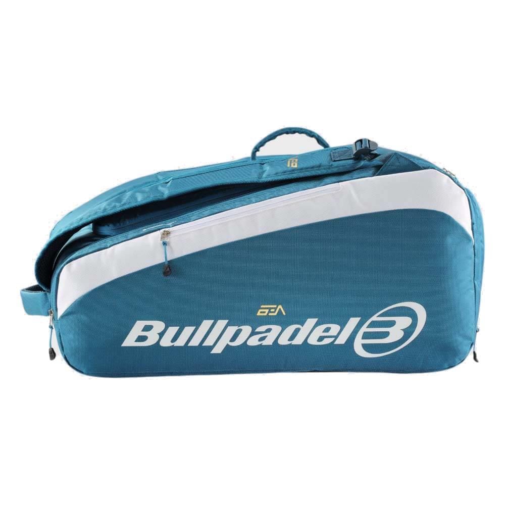 The Bullpadel BPP26021 Pearl Padel Racket Bag - Blue features a spacious main zip compartment, side zip pocket, and bold Bullpadel branding on the side.