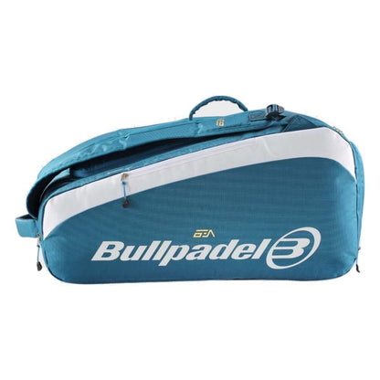 The Bullpadel BPP26021 Pearl Padel Racket Bag - Blue features a spacious main zip compartment, side zip pocket, and bold Bullpadel branding on the side.