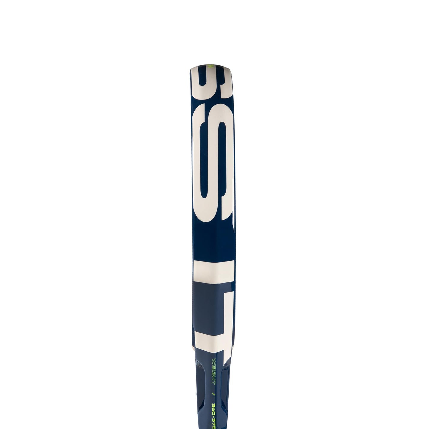 Close-up of a blue and white cricket bat upright, highlighting control like an adidas Cross It Carbon CTRL Padel Racket. Only part of the bat's face and edge are visible, with large white letters on a blue background and a touch of green detailing at the bottom.