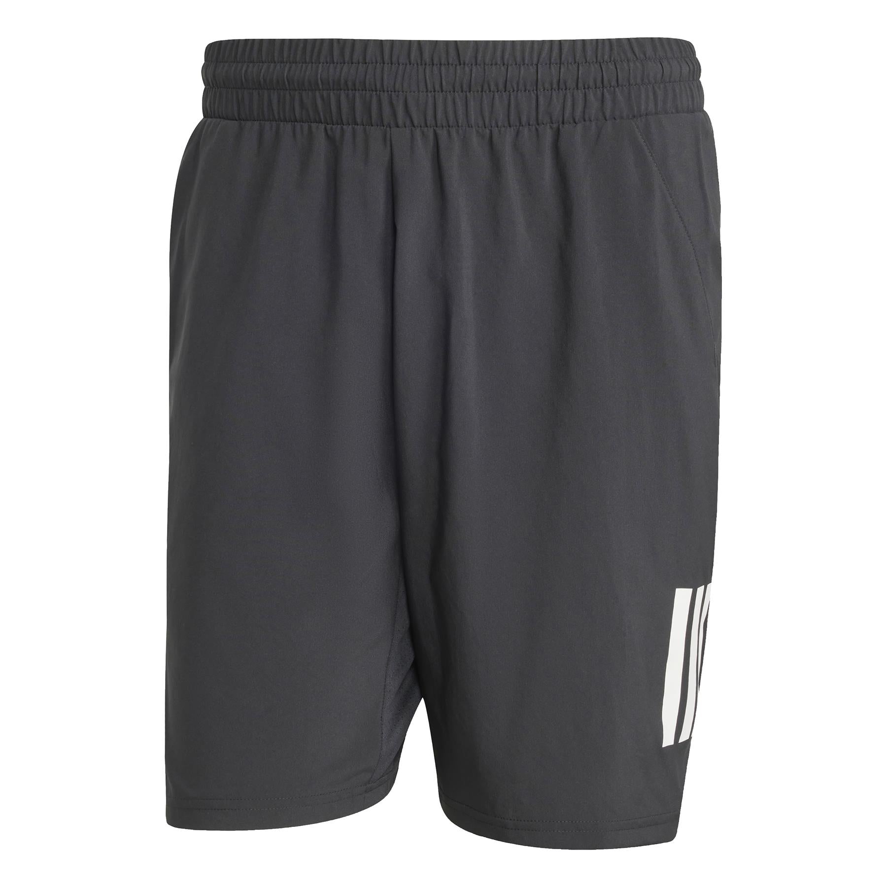 ADIDAS Men's 3 Stripe Padel Shorts in black feature an elastic waistband and a white logo on the left leg, designed with moisture-wicking fabric for ultimate comfort.