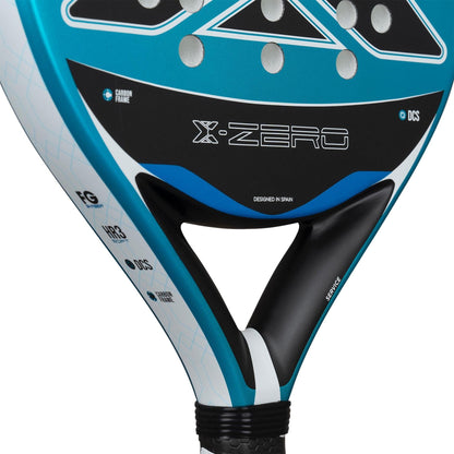 Close-up of a NOX X-Zero Blue Padel Racket, showing the NOX branding and specs—ideal for players seeking control or an excellent beginner padel racket.