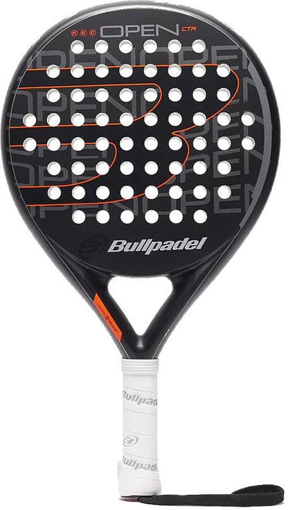 The Bullpadel Open Control 2025 Padel Racket features a black design with orange and white details, a round hole-patterned head, white grip, black wrist strap, and visible "OPEN CTR" and "Bullpadel" branding. Ideal for beginners.