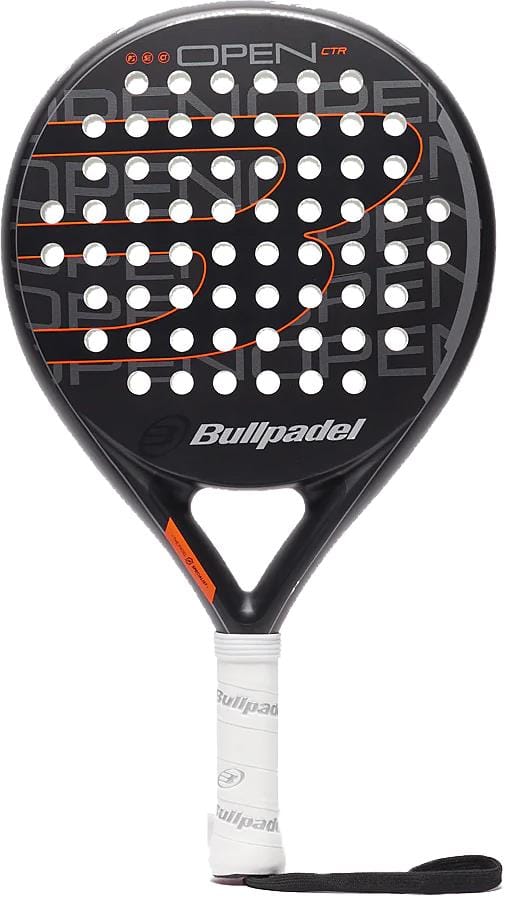 The Bullpadel Open Control 2025 Padel Racket features a black design with orange and white details, a round hole-patterned head, white grip, black wrist strap, and visible "OPEN CTR" and "Bullpadel" branding. Ideal for beginners.