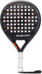 The Bullpadel Open Control 2025 Padel Racket features a black design with orange and white details, a round hole-patterned head, white grip, black wrist strap, and visible "OPEN CTR" and "Bullpadel" branding. Ideal for beginners.