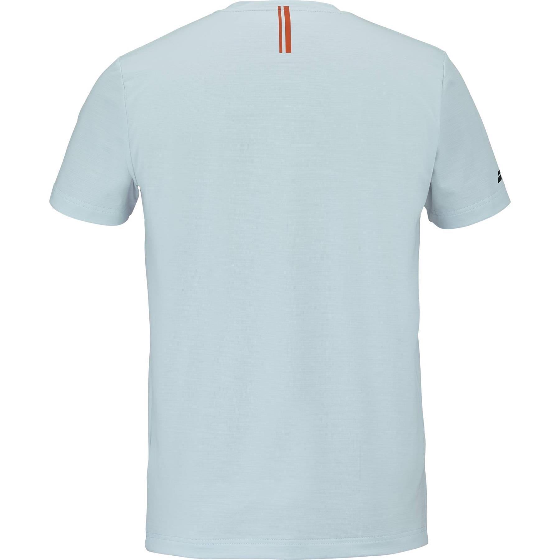 Back view of the Babolat Play Mens Crew Neck Padel T-Shirt in Illusion Blue by Babolat, showing a small vertical orange stripe on the upper back and a subtle black logo on the left sleeve.