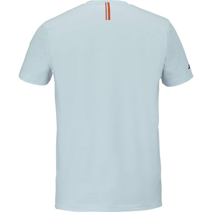 Back view of the Babolat Play Mens Crew Neck Padel T-Shirt in Illusion Blue by Babolat, showing a small vertical orange stripe on the upper back and a subtle black logo on the left sleeve.