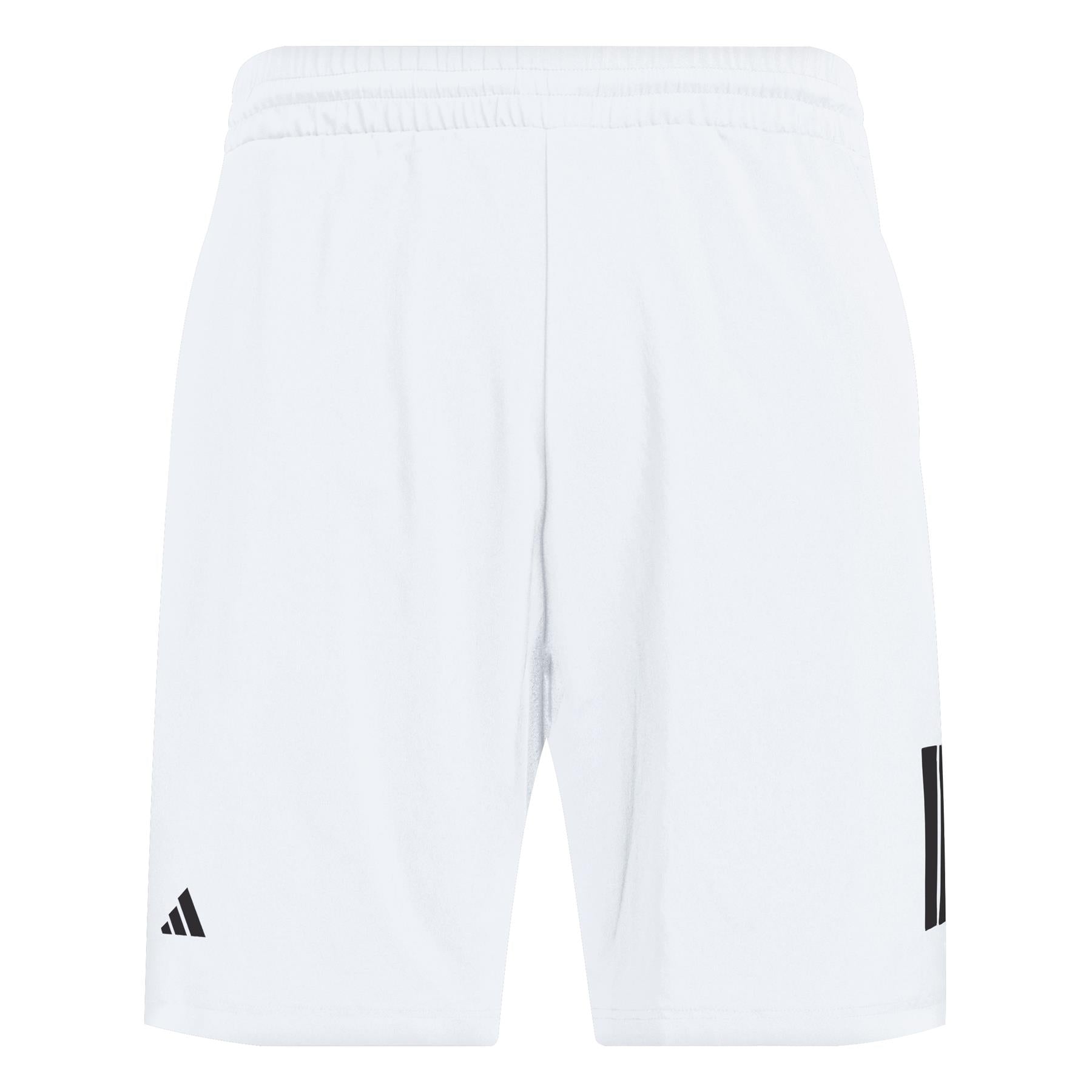 The ADIDAS Mens 3 Stripe Padel Shorts in white feature the iconic black adidas logo and stripes on the right leg. Designed with an elastic waistband for comfort and made from moisture-wicking fabric, they're perfect for staying dry and agile during dynamic play.