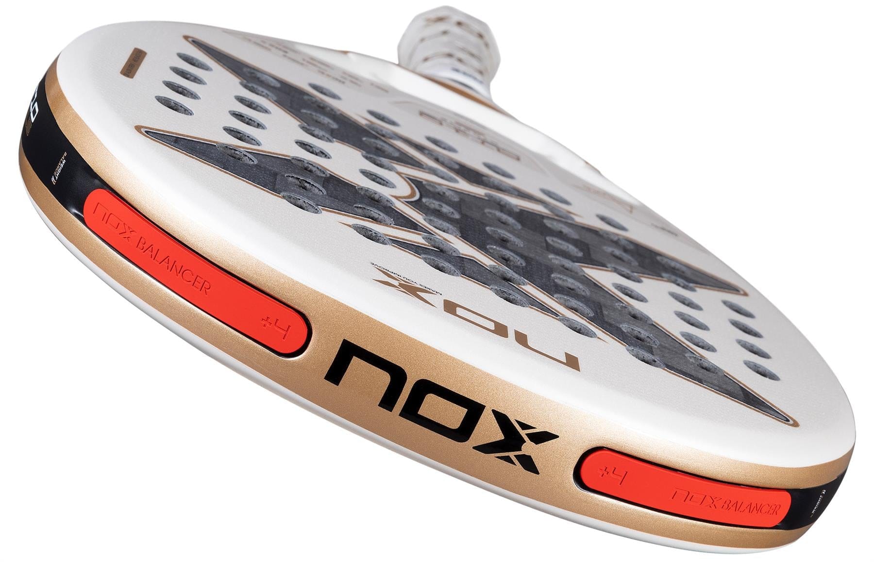 Close-up of the NOX AT10 Genius 12K Alum Extrem By Agustín Tapia 2026 Padel Racket, showcasing a white and gold design with black accents and red adjustable weight balancers on the side. Used by Agustín Tapia.