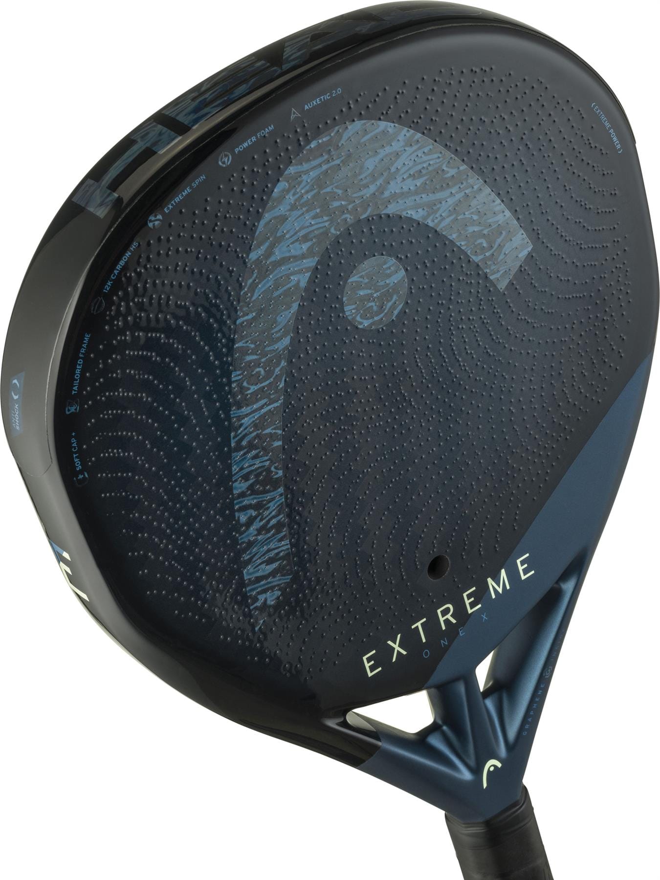 Close-up of the HEAD Extreme One X 2025 Padel Racket by HEAD, showcasing its black and blue design, "EXTREME" print, textured logo, and durable 12K Carbon Fibre construction for enhanced performance.