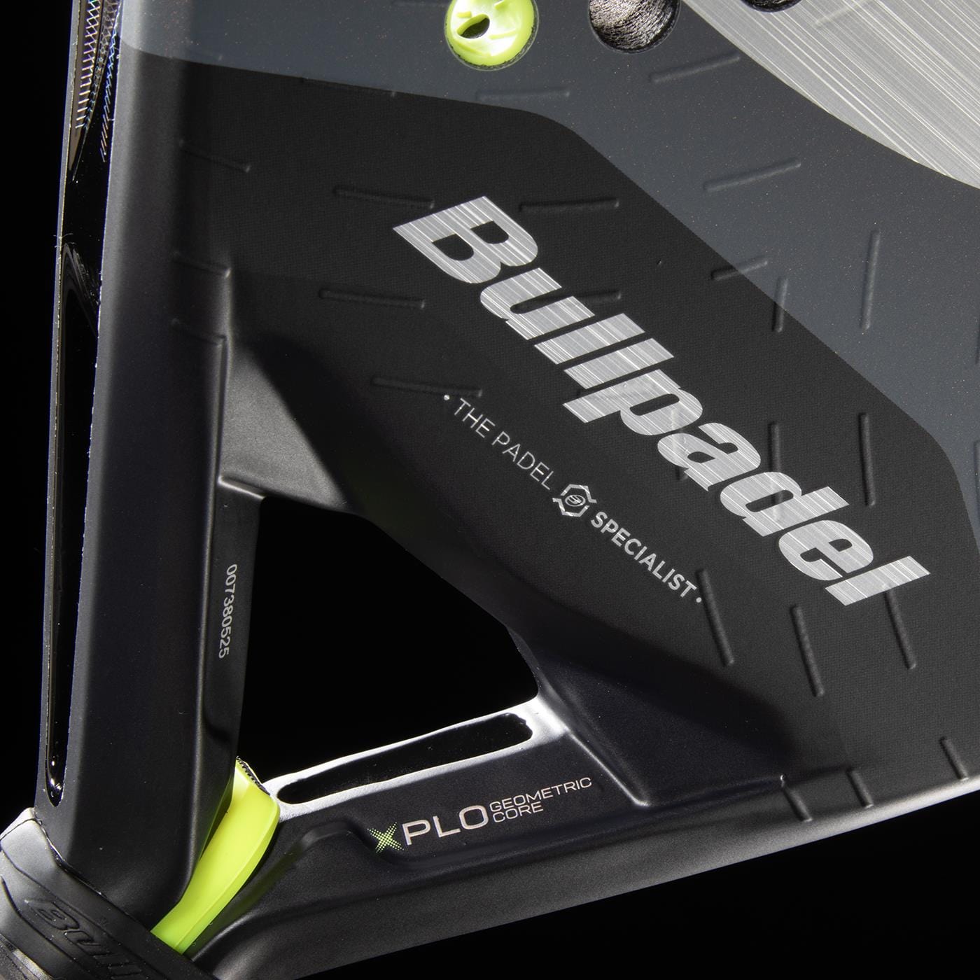 Close-up of the Bullpadel XPLO 2026 Padel Racket in black with white and neon green accents, featuring "THE PADEL SPECIALIST" and "XPLO GEOMETRIC CORE" on the frame. Brand: Bullpadel.
