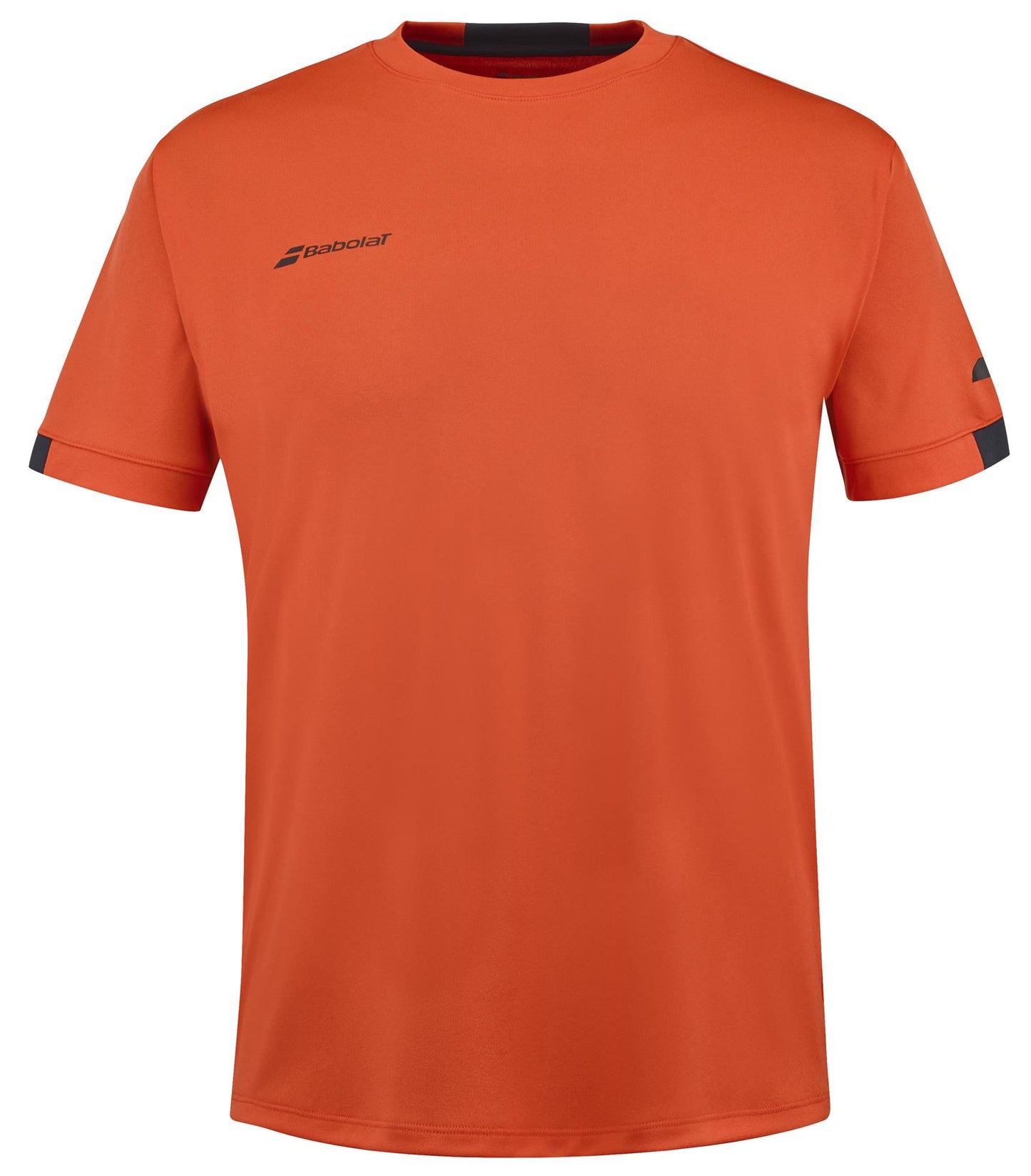 The Babolat Play Men's Crew Neck Padel T-Shirt in Fiesta Red is crafted from recycled polyester. Designed by Babolat, it features short sleeves with a small logo on the upper left chest and another on the left sleeve. The smooth, lightweight fabric makes it ideal for both sports and casual wear.