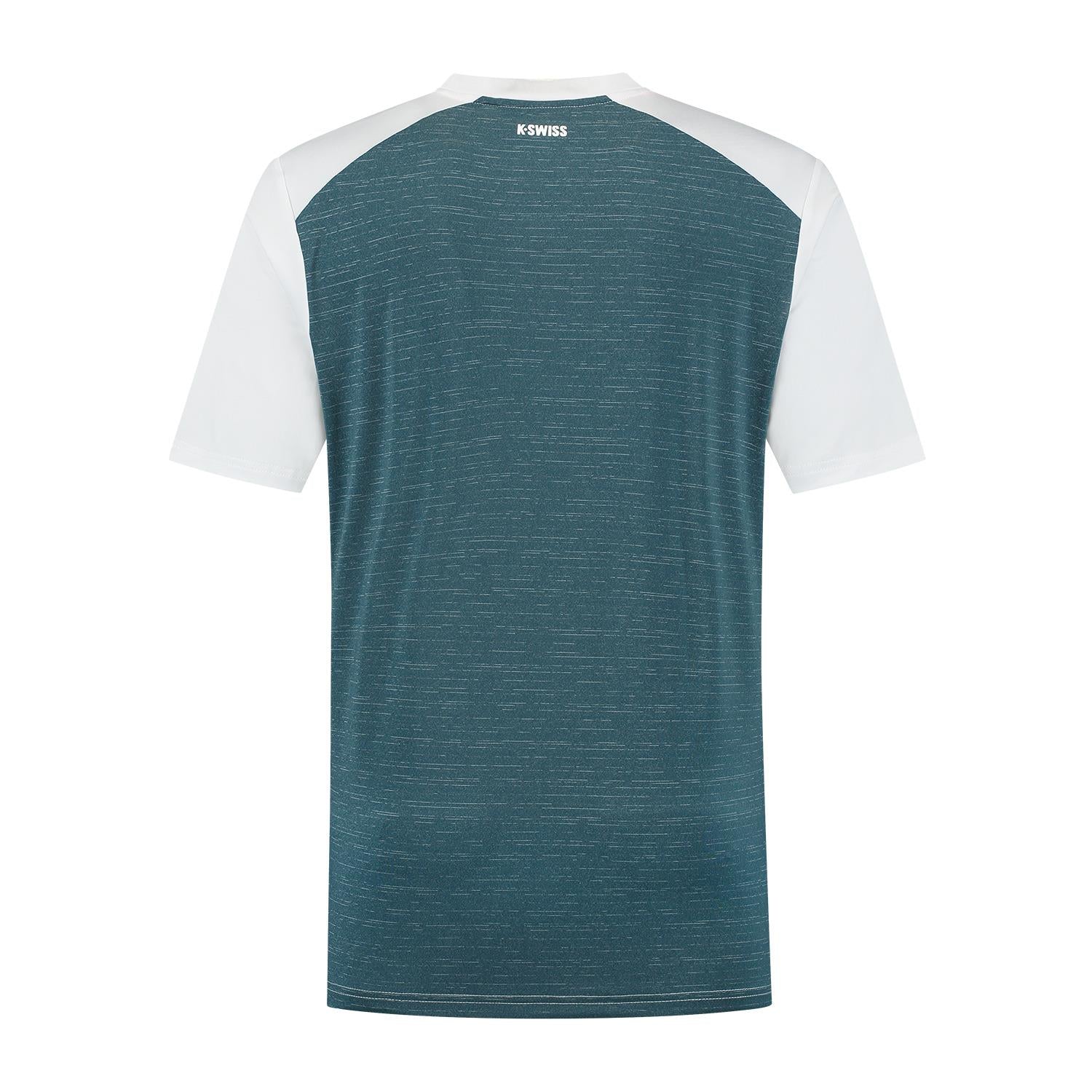 The back view of the K-Swiss Hypercourt Mix Melange Mens Padel T-Shirt exhibits a design ideal for discerning padel players, featuring a teal body with subtle horizontal stripes, white sleeves, and a white collar. It is made from breathable materials for optimal comfort on the court.
