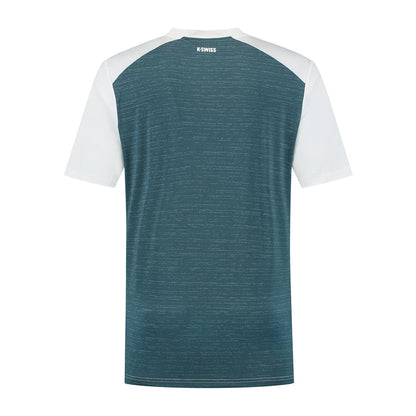 The back view of the K-Swiss Hypercourt Mix Melange Mens Padel T-Shirt exhibits a design ideal for discerning padel players, featuring a teal body with subtle horizontal stripes, white sleeves, and a white collar. It is made from breathable materials for optimal comfort on the court.