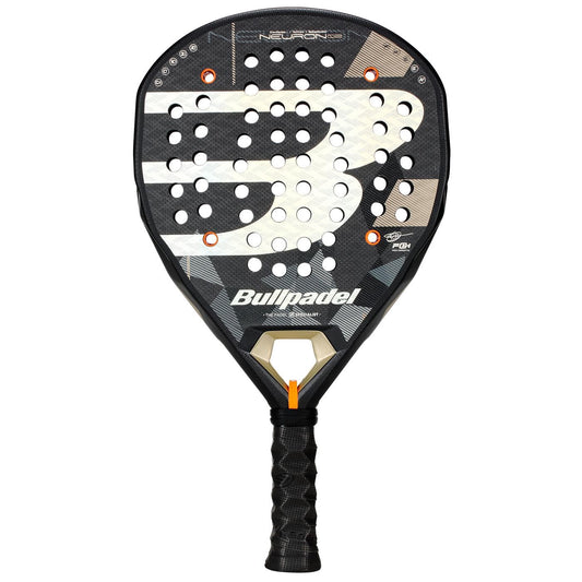 The Bullpadel Neuron 02 2026 Padel Racket in black and gold features a large white “B” logo, multiple round holes, textured black handle, and stylish accents—delivering pro-level performance from Bullpadel.