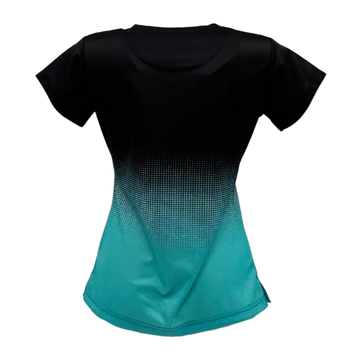 Back view of the Yonex YTL5 Women's Padel T-Shirt in solid black transitioning to turquoise with a pixelated effect. Crafted from moisture-wicking polyester, this fitted shirt by Yonex showcases advanced fabric technology against a plain white backdrop.