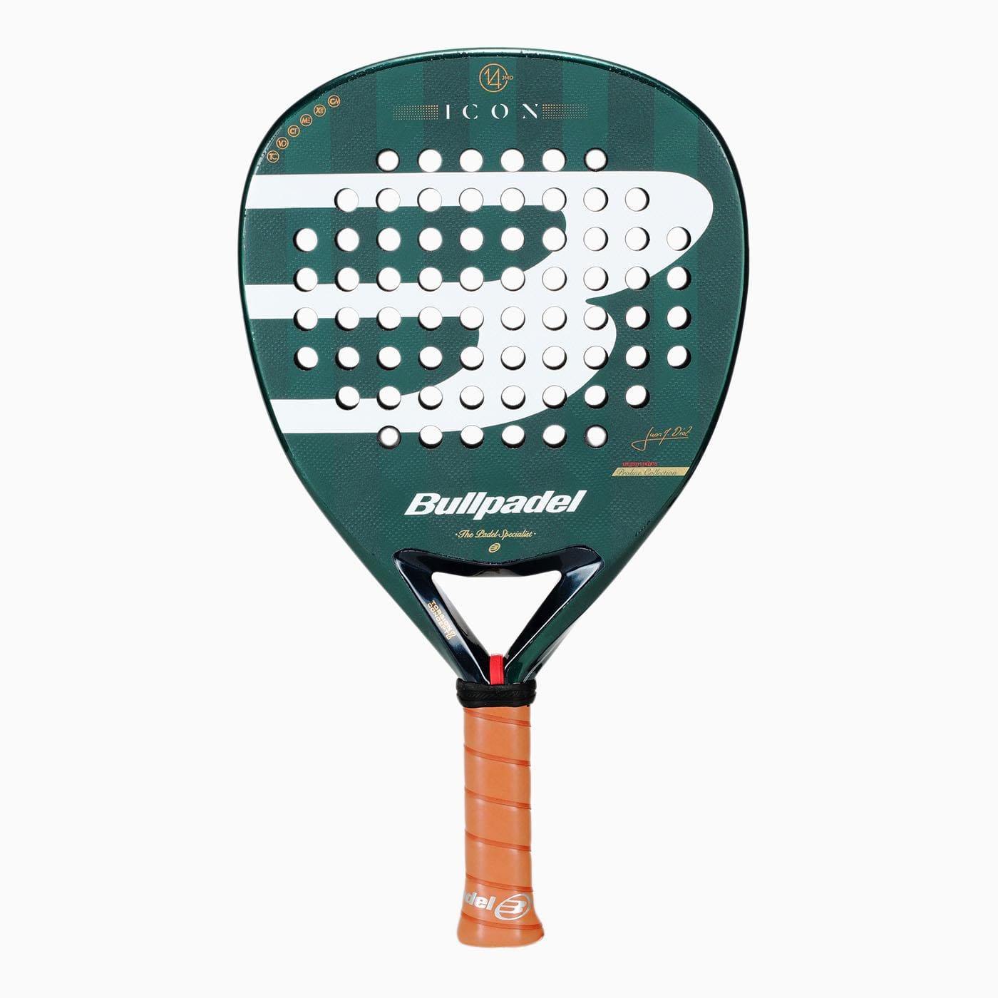The Bullpadel Icon 2026 Padel Racket - Green, inspired by Juan Martín Díaz, features a large white "B" logo, round face holes, and an orange grip handle.