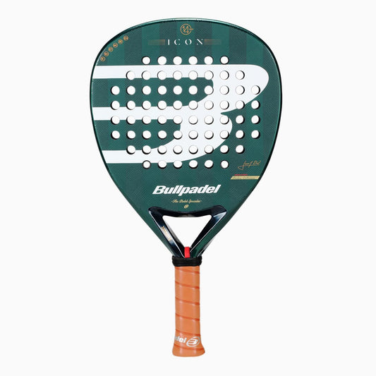 The Bullpadel Icon 2026 Padel Racket - Green, inspired by Juan Martín Díaz, features a large white "B" logo, round face holes, and an orange grip handle.