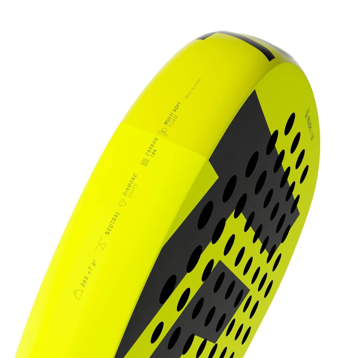 Close-up of the Tecnifibre Bomba Max Padel Racket, featuring a yellow and black design with circular holes and printed icons that showcase its power and technical features.