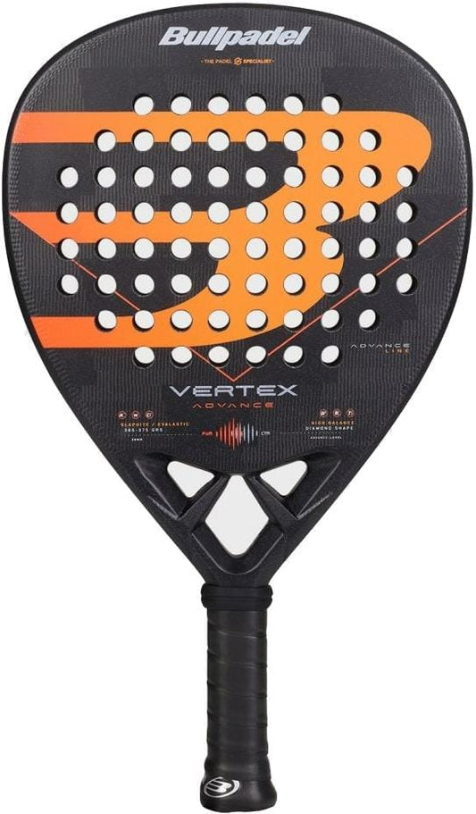The Bullpadel Vertex Advance 2026 padel racket features a black frame with orange and white design, "Bullpadel" at the top, a teardrop shape, perforated face, and "VERTEX" branding above the handle.