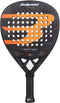 The Bullpadel Vertex Advance 2026 padel racket features a black frame with orange and white design, "Bullpadel" at the top, a teardrop shape, perforated face, and "VERTEX" branding above the handle.