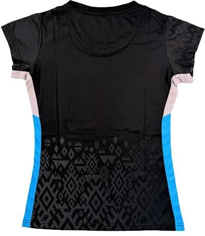 The Yonex YTL11 Womens Padel T-Shirt features a black upper, blue sides, geometric black-on-black lower design, light pink sleeve accents, and performance fabric for style and comfort on the padel court.