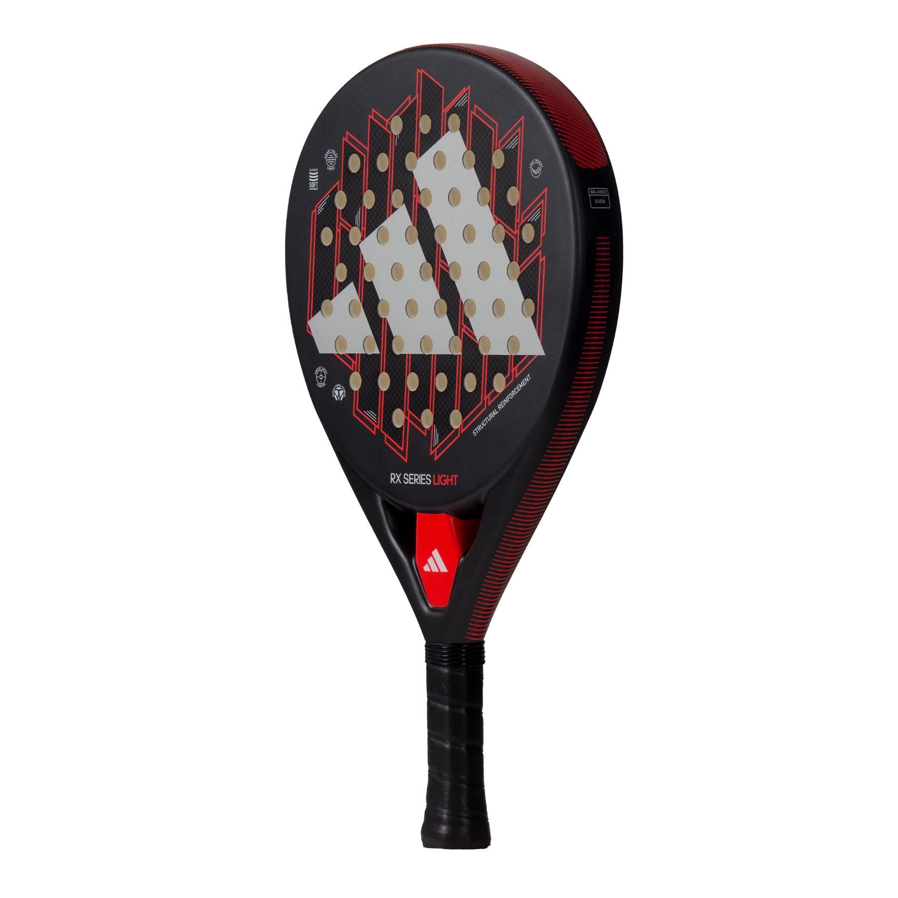 The adidas ADIDAS RX Series Light Padel Racket - Black features an eye-catching black and red design with a perforated face and a geometric pattern. Made from fiberglass, it prominently displays the logo at the center and includes a handle wrapped in black grip tape to ensure superior comfort.