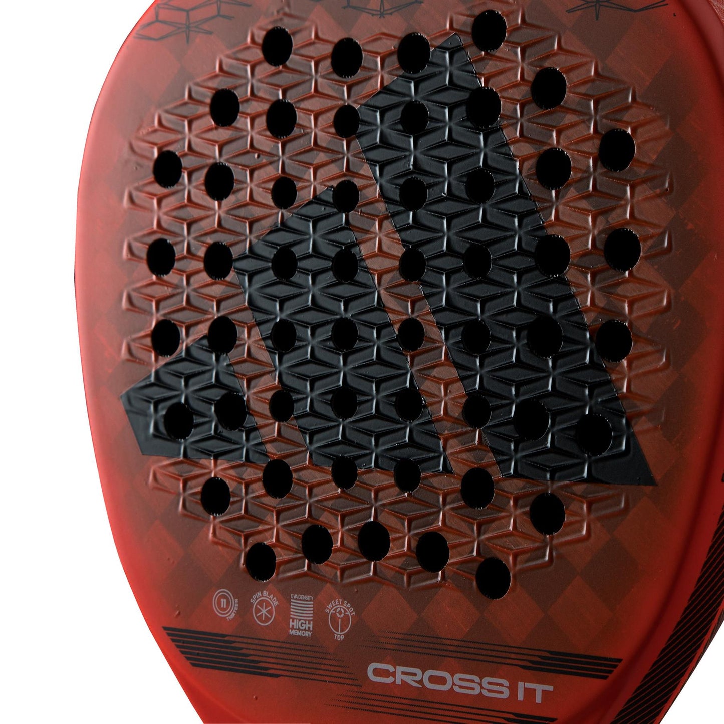 Featured is the ADIDAS Cross It Padel Racket in red, showcasing a black geometric logo design. Its honeycomb texture surface and circular hole grid are engineered to enhance power and spin. "CROSS IT" is prominently displayed at the bottom, underlining its Spin Blade Mold for superior performance.