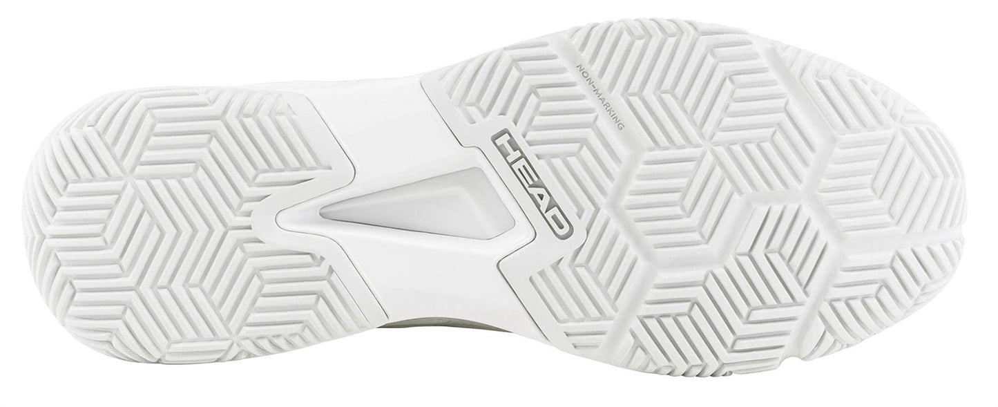 The HEAD Motion Team 1.5 Mens Padel Shoes by HEAD feature a white athletic sole with a geometric herringbone tread, “HEAD” at the center, and “NON-MARKING” near the top—providing grip and stability for padel courts.