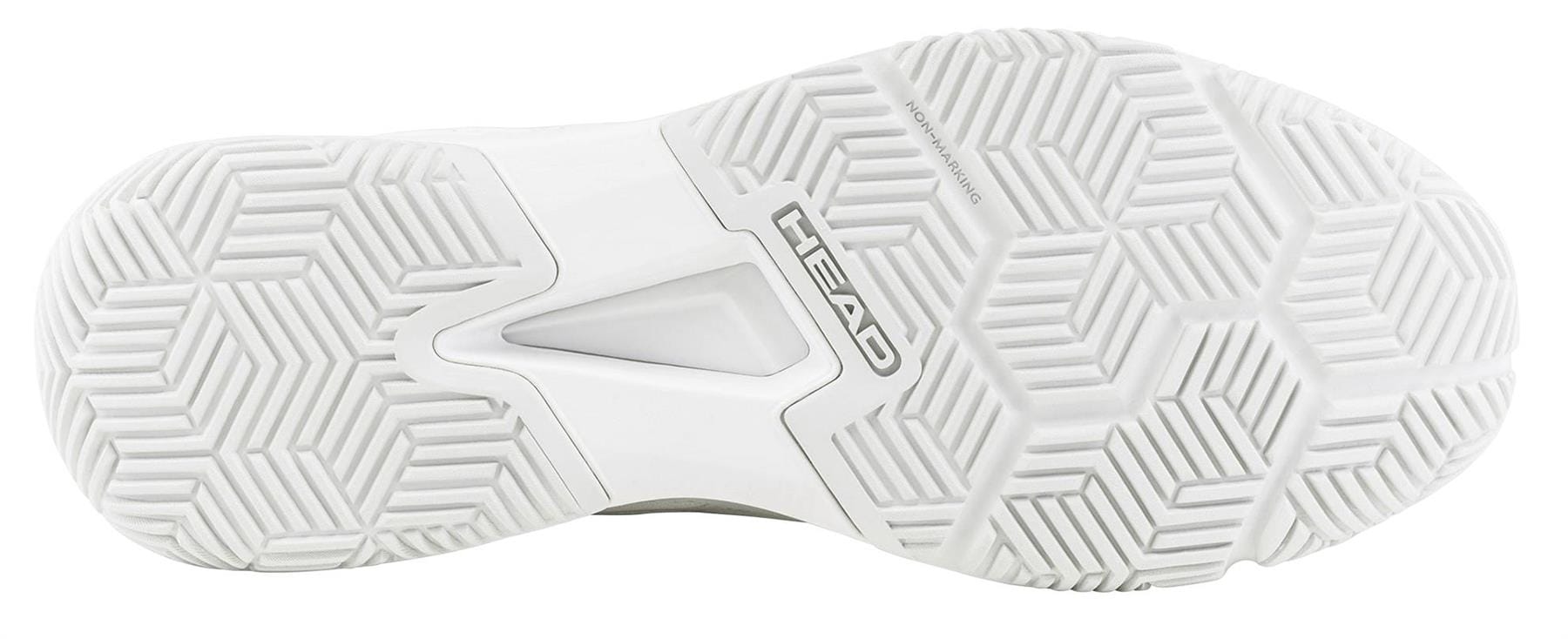 The HEAD Motion Team 1.5 Mens Padel Shoes by HEAD feature a white athletic sole with a geometric herringbone tread, “HEAD” at the center, and “NON-MARKING” near the top—providing grip and stability for padel courts.