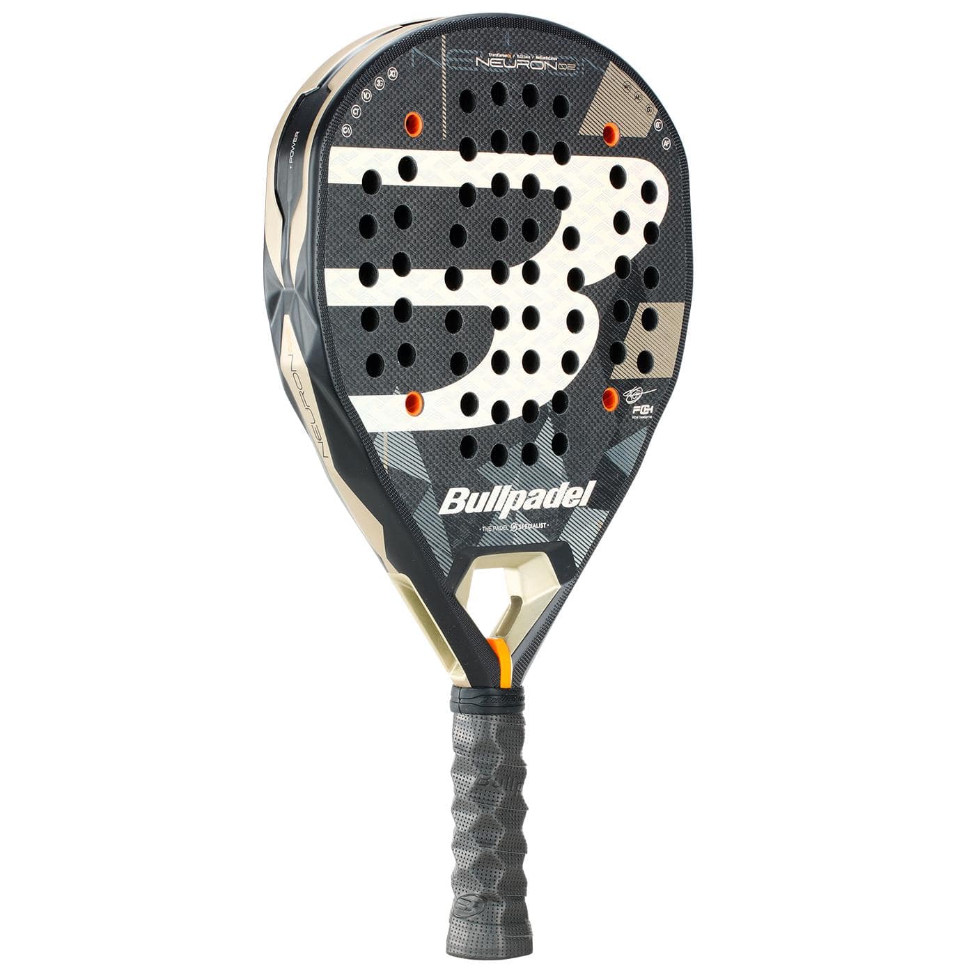 The Bullpadel Neuron 02 2026 Padel Racket in black and gold features a textured surface, large “B” logo, perforated holes, and a wrapped handle—perfect for professional padel players.