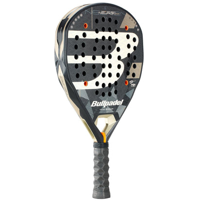 The Bullpadel Neuron 02 2026 Padel Racket in black and gold features a textured surface, large “B” logo, perforated holes, and a wrapped handle—perfect for professional padel players.