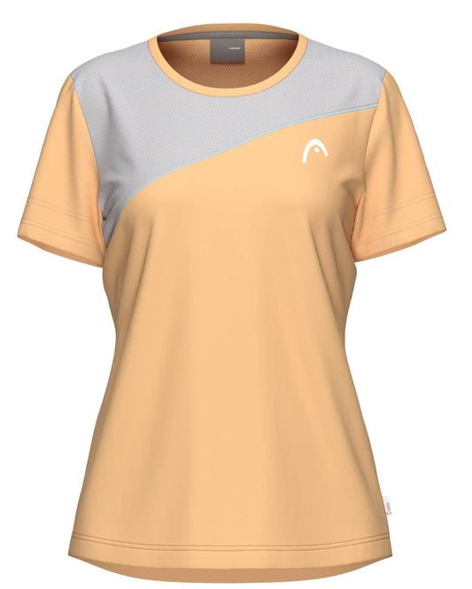 The HEAD Tie-Break Womens Padel T-Shirt - APLB is a peach, short-sleeve sportswear top with a light gray diagonal chest panel and white logo, made from moisture-wicking fabric for all-day comfort.