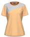 The HEAD Tie-Break Womens Padel T-Shirt - APLB is a peach, short-sleeve sportswear top with a light gray diagonal chest panel and white logo, made from moisture-wicking fabric for all-day comfort.