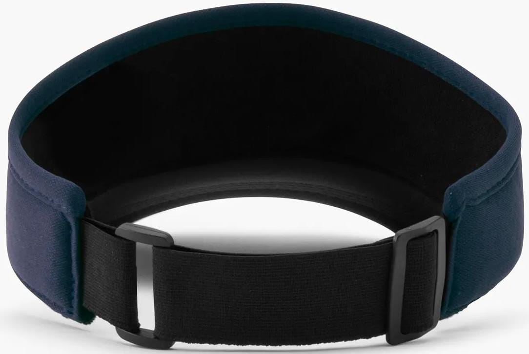 A close-up of the Yonex 40126EX Padel Visor in navy blue, made from lightweight polyester with a black adjustable strap and plastic buckle for a customizable fit.