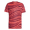 The ADIDAS Men's Club Graphic Padel T-Shirt by adidas is red with black horizontal wavy lines and polka dots, made from recycled materials. It has a small black logo on the upper left side, highlighting its eco-friendly design.