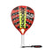 The Babolat Technical Vertuo Padel Racket in red and black features bold yellow and black text, highlighted by a perforated design for effortless power. The white handle is equipped with a convenient black wrist strap, and the brand name "Babolat" is prominently displayed on the surface for extra style.