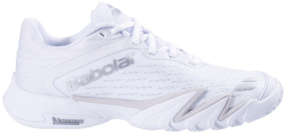 The Babolat Premura 3 Womens Padel Shoes in White/Silver feature a mesh upper for breathability, a textured sole for grip, and subtle silver logo detailing—ideal for women seeking stylish, high-performance padel footwear.