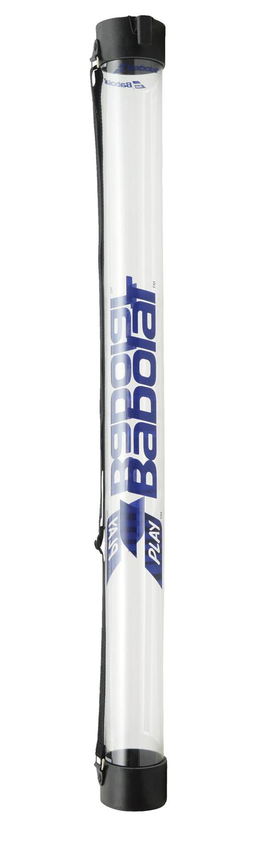 A long, white cylindrical Babolat Padel Ball Pickup Tube for tennis balls, featuring black end caps and a carrying strap. The brand name "Babolat" is vertically printed in blue along the side, making it ideal for training sessions.