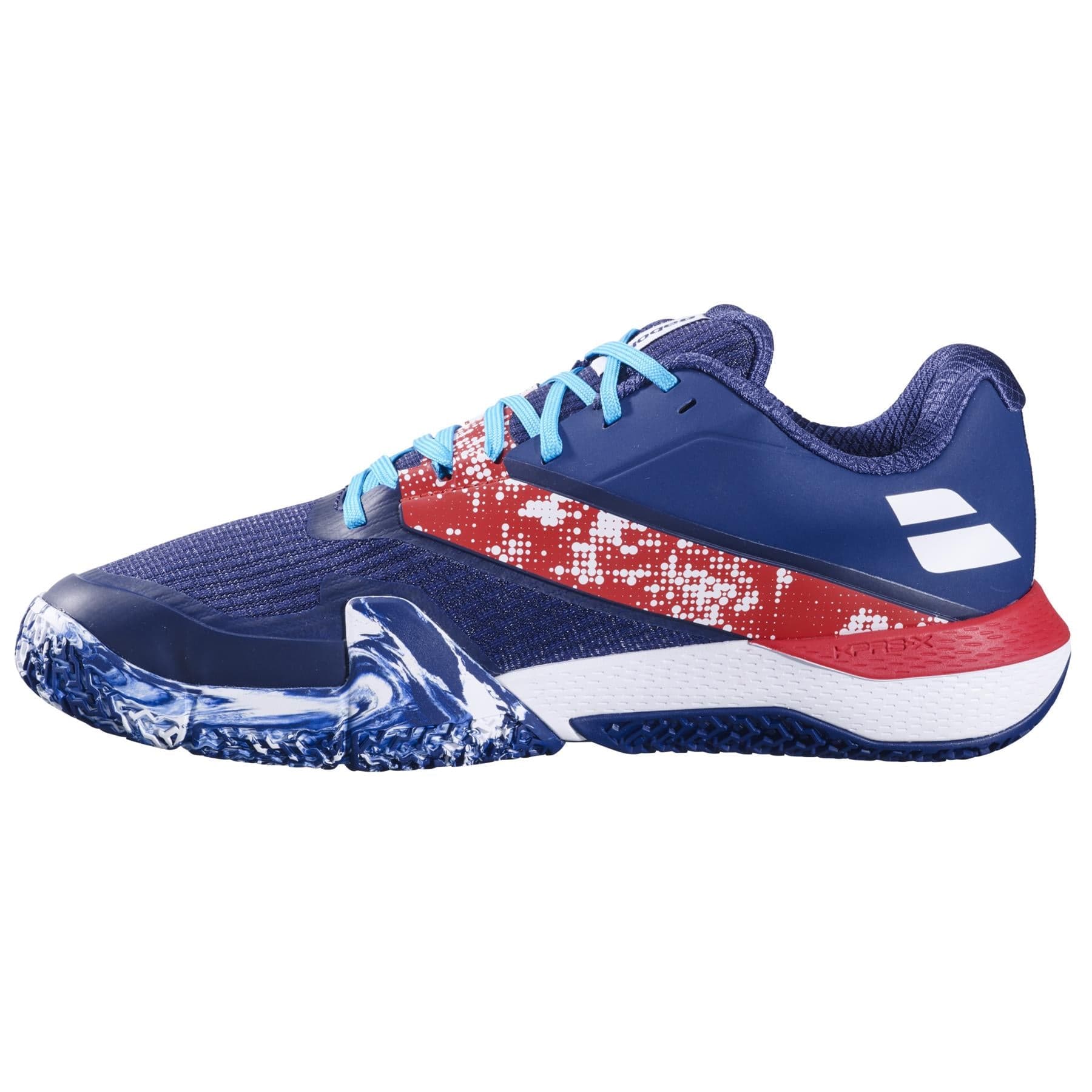 The Babolat Movea 2 Men's Padel Shoes in dark blue and chilli red feature light blue laces, a red and white stripe, white heel logo, and a Michelin padel sole with a blue and white marbled front design.