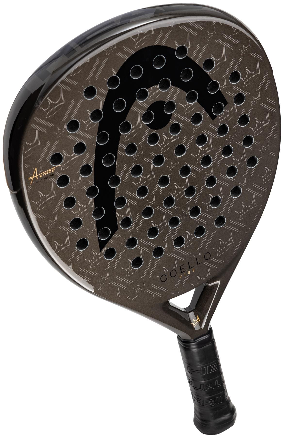 The HEAD Coello Vibe 2026 Padel Racket features a black and brown fibreglass design with a large "HEAD" logo, multiple circular holes, textured surface, "COELLO" by the throat, and a handle wrapped in black grip tape.