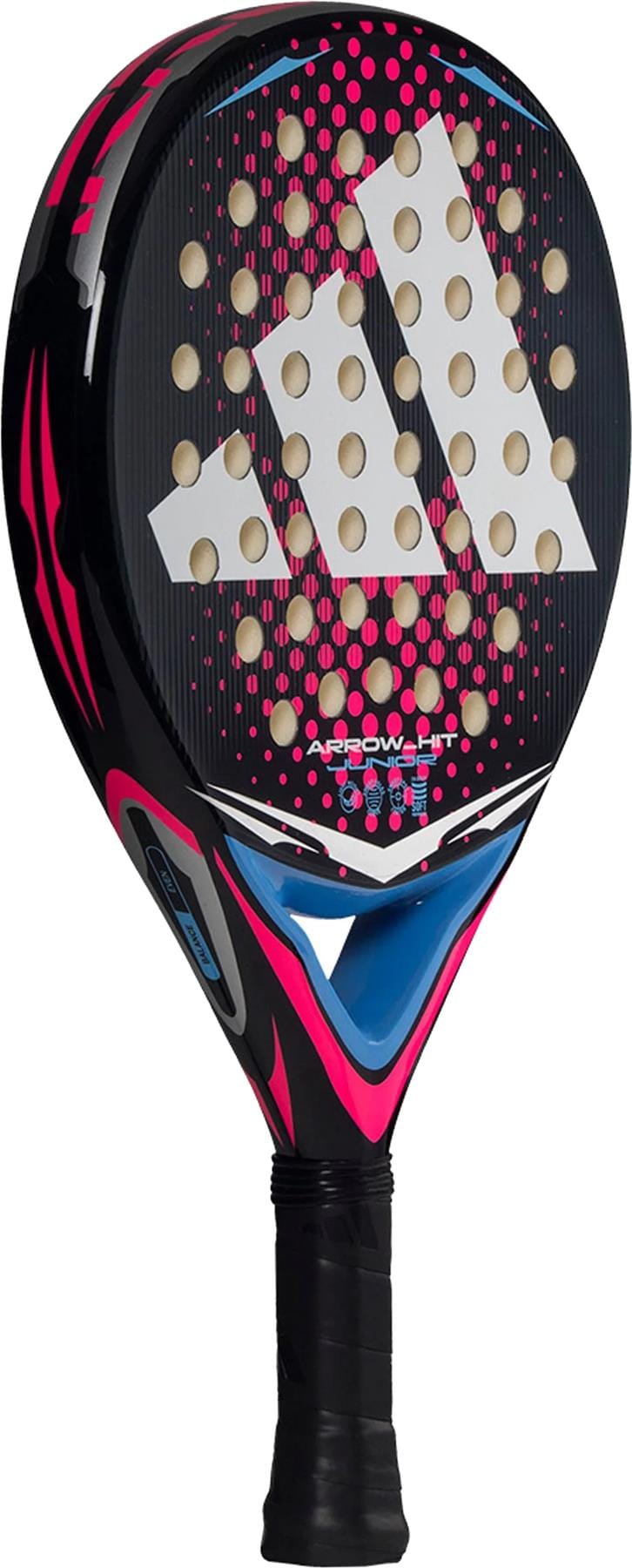 The adidas ADIDAS Arrow Hit Junior White / Pink Padel Racket is a lightweight option for young players, featuring pink and blue accents, a large white adidas logo, and multiple circular holes on the paddle face.