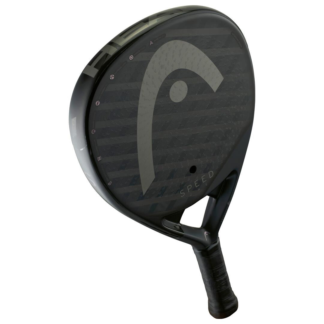 The HEAD Speed One 2025 Padel Racket in black features a glossy finish with the distinct HEAD logo center stage. Its black grip-taped handle and subtly patterned surface promise power and control, while "SPEED" reflects Auxetic 2.0 tech for enhanced performance.