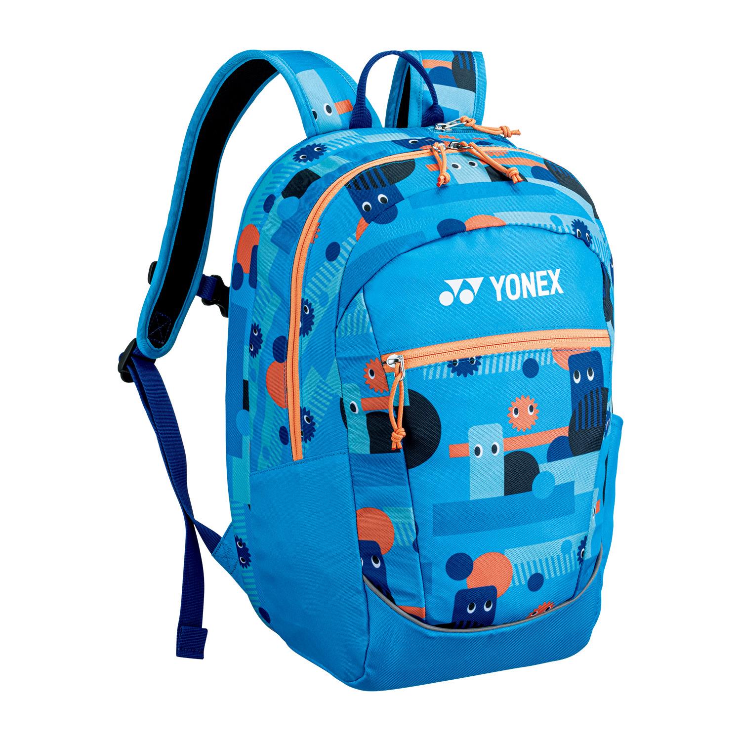 The Yonex 22512 Junior Padel Backpack in Ocean Blue features vibrant abstract patterns with orange zippers, circles, and rectangles. Its spacious design and padded shoulder straps ensure comfort.