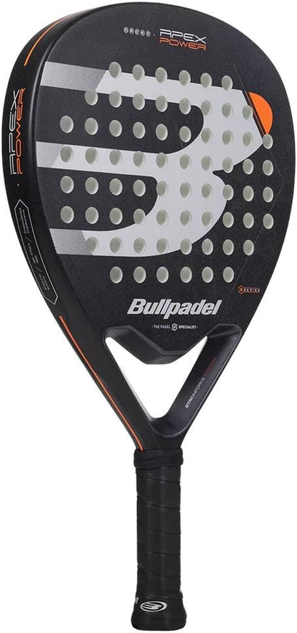 The Bullpadel Apex Power 2025 Padel Racket features a black and gray design with orange accents, circular holes, the Bullpadel logo, and a black grip—ideal for intermediate players seeking power on the court.