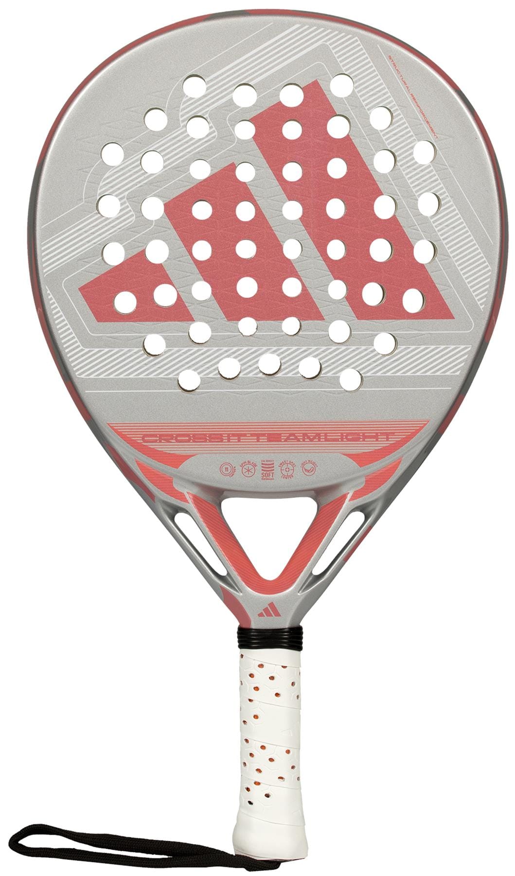 The adidas Cross It Team Light 2026 Padel Racket in white and pink features circular holes, a white grip with red dots, an extra power grip, and a black wrist strap attached to the handle.