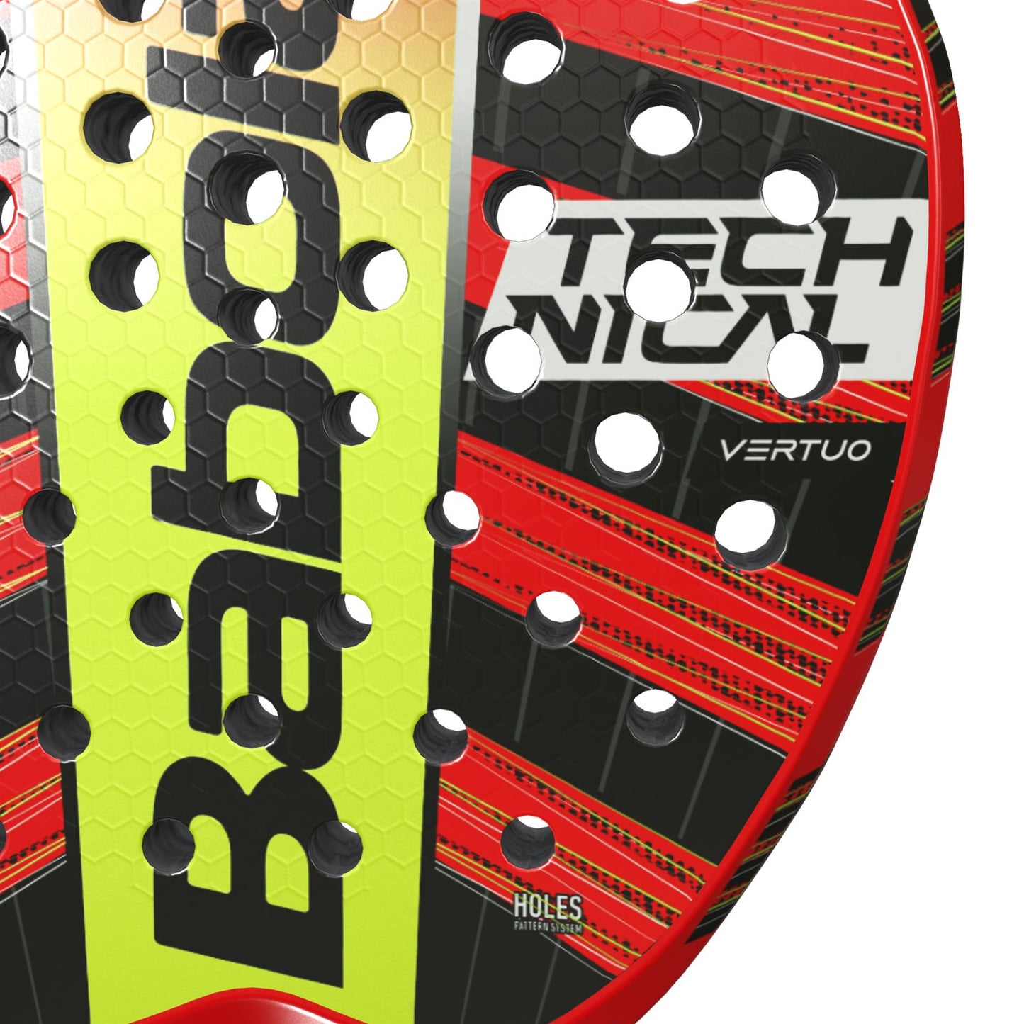 A close-up of the Babolat Technical Vertuo Padel Racket in red and black highlights its vibrant design, with "Babolat" branding clearly visible. This racket is known for its easy power and vibration absorption features, along with a multitude of circular holes on its surface.