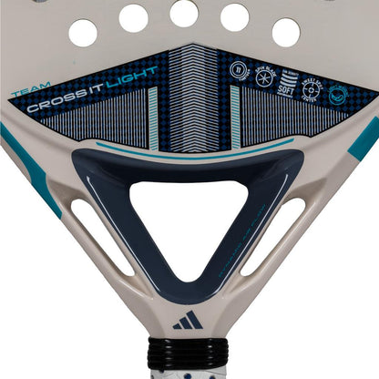 Close-up of the adidas Cross It Team Light 3.4 Padel Racket in white, designed for advanced players with geometric patterns, technical icons, bold branding, and adidas logo—perfect for aggressive gameplay.