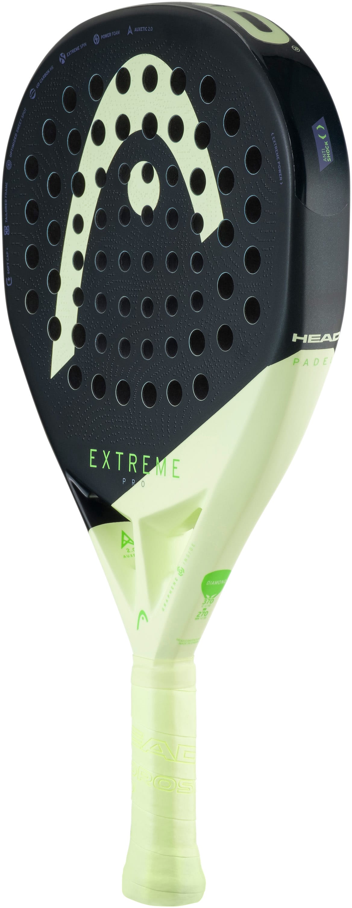 A close-up of the HEAD Extreme Pro 2026 Padel Racket showcases its light green and black design with a perforated face and the bold HEAD logo—an ideal power racket engineered for advanced padel players.