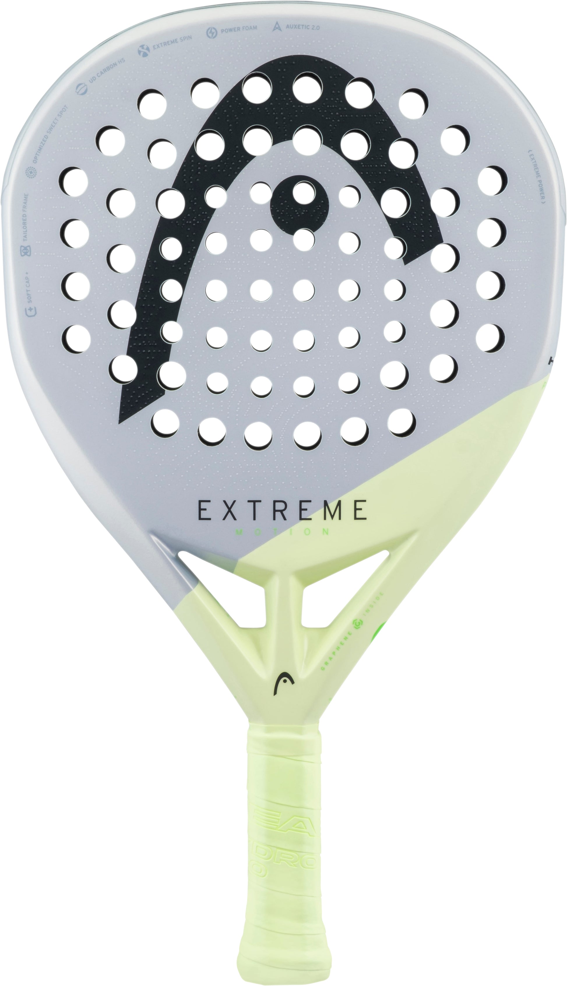 The HEAD Extreme Motion 2026 Padel Racket features a striking white and light yellow design with a prominent Head logo, “EXTREME” printed on the face, and multiple round holes across its hitting surface. Engineered for advanced padel players seeking power, this racket provides exceptional performance and control on the court.