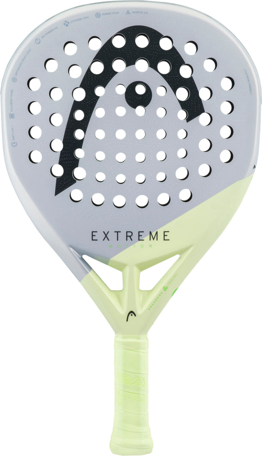 The HEAD Extreme Motion 2026 Padel Racket features a striking white and light yellow design with a prominent Head logo, “EXTREME” printed on the face, and multiple round holes across its hitting surface. Engineered for advanced padel players seeking power, this racket provides exceptional performance and control on the court.